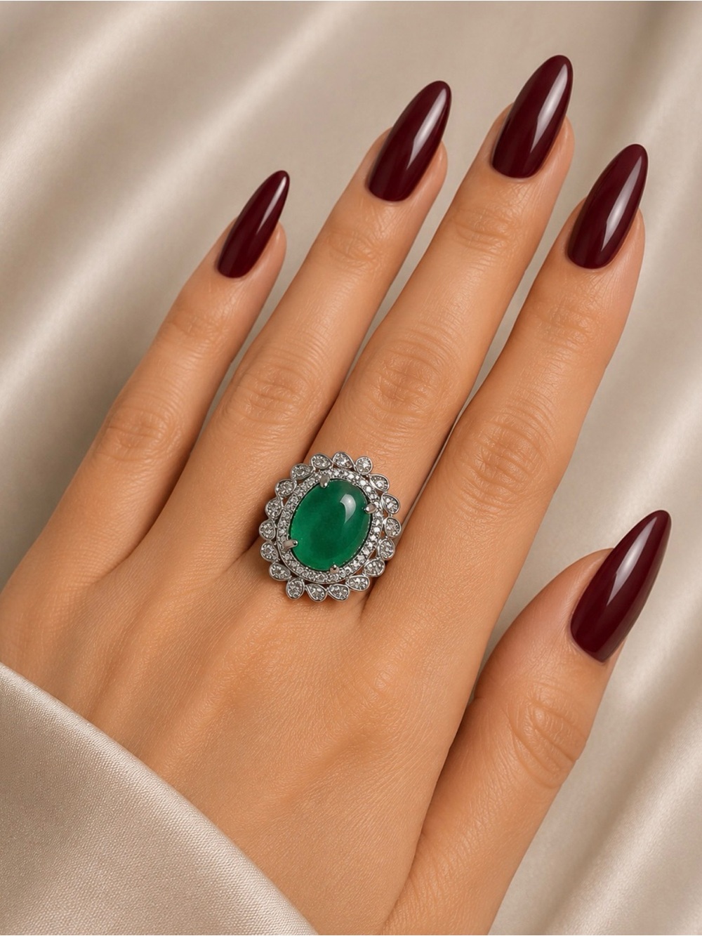 Stunning Green Cabochon & CZ Floral Halo Cocktail Ring Adjustable
